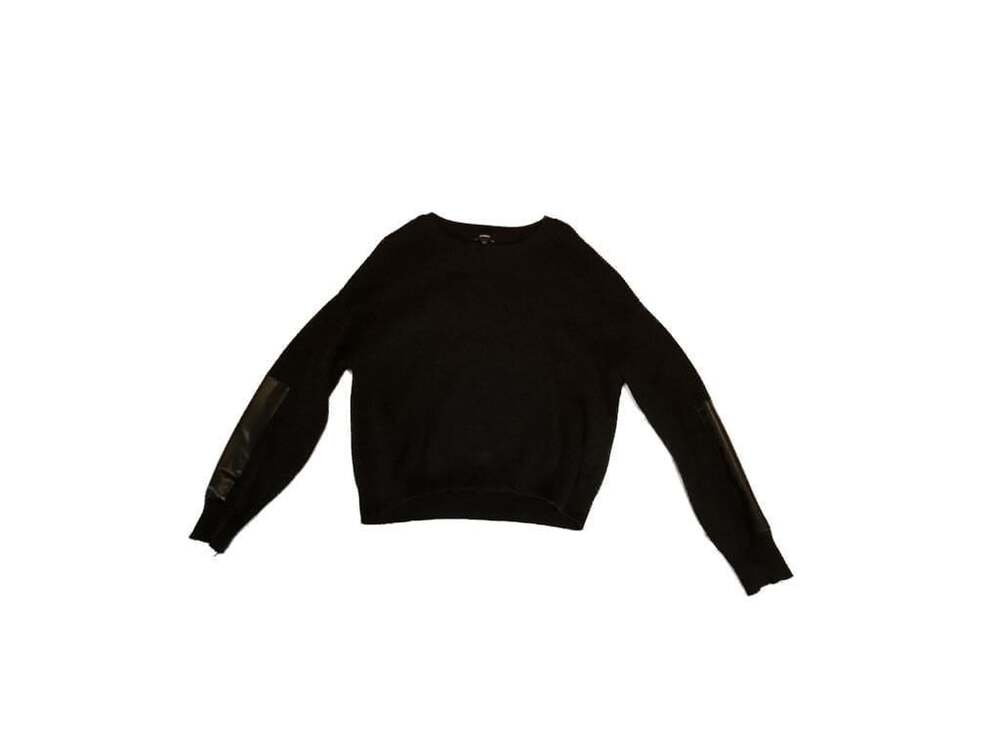 Y2K Express Women's Ribbed Long Sleeve Cropped Sweater with Faux Leather Elbow P